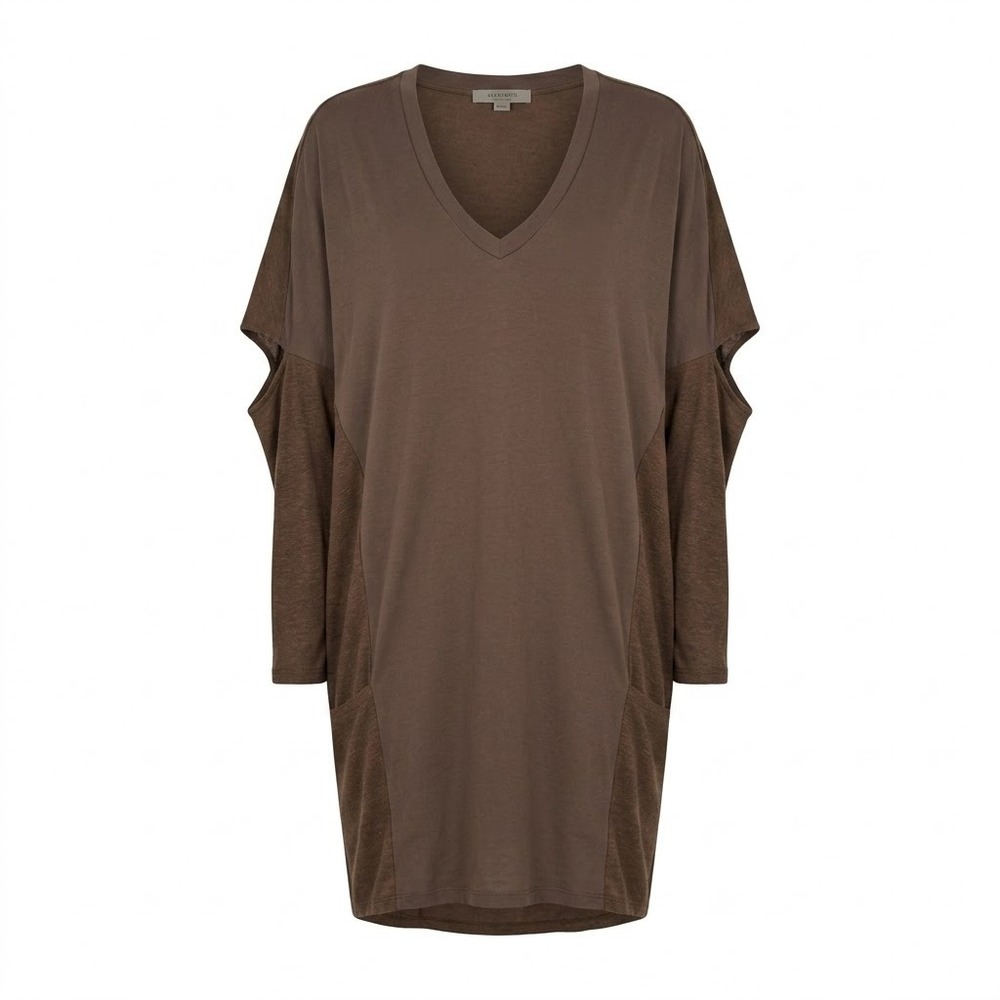 AllSaints Hale Dress Brown V-Neck Mixed Media Oversized Tunic Medium - Picture 7 of 8